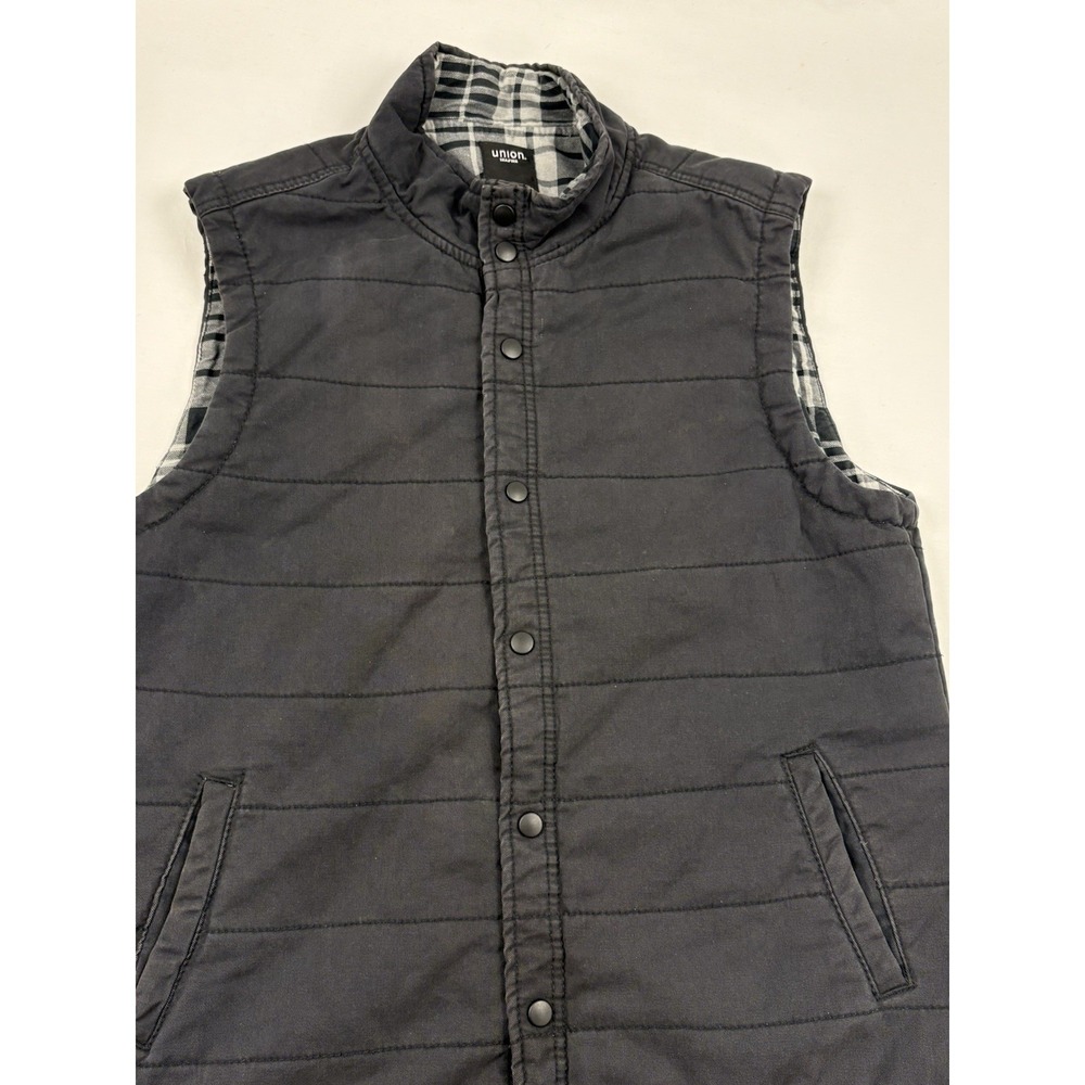 Union Quilted Charcoal Gray Twill Insulated Utility Vest Plaid Flannel Lined L